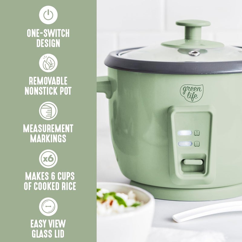 GreenLife Rice Cooker with Removable PFAS-Free Nonstick Pot, 3-Cups Uncooked/6-Cups Cooked, One-Switch Design, Auto Keep Warm Function, Soup, Grains, Oatmeal, Wood Handle, Sage Green - Image 4